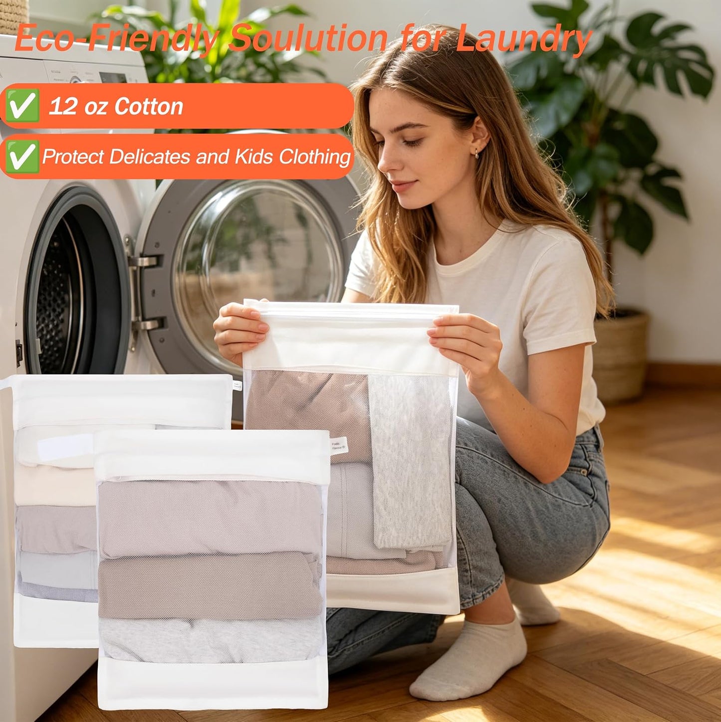 Cotton Mesh Laundry Bags, Set of 4, Dye-Free Natural Delicate Wash Bags with Hidden Zipper, Machine Washable for Bras, Lingerie & Sensitive Fabrics, Available in XXL/XL/L/M