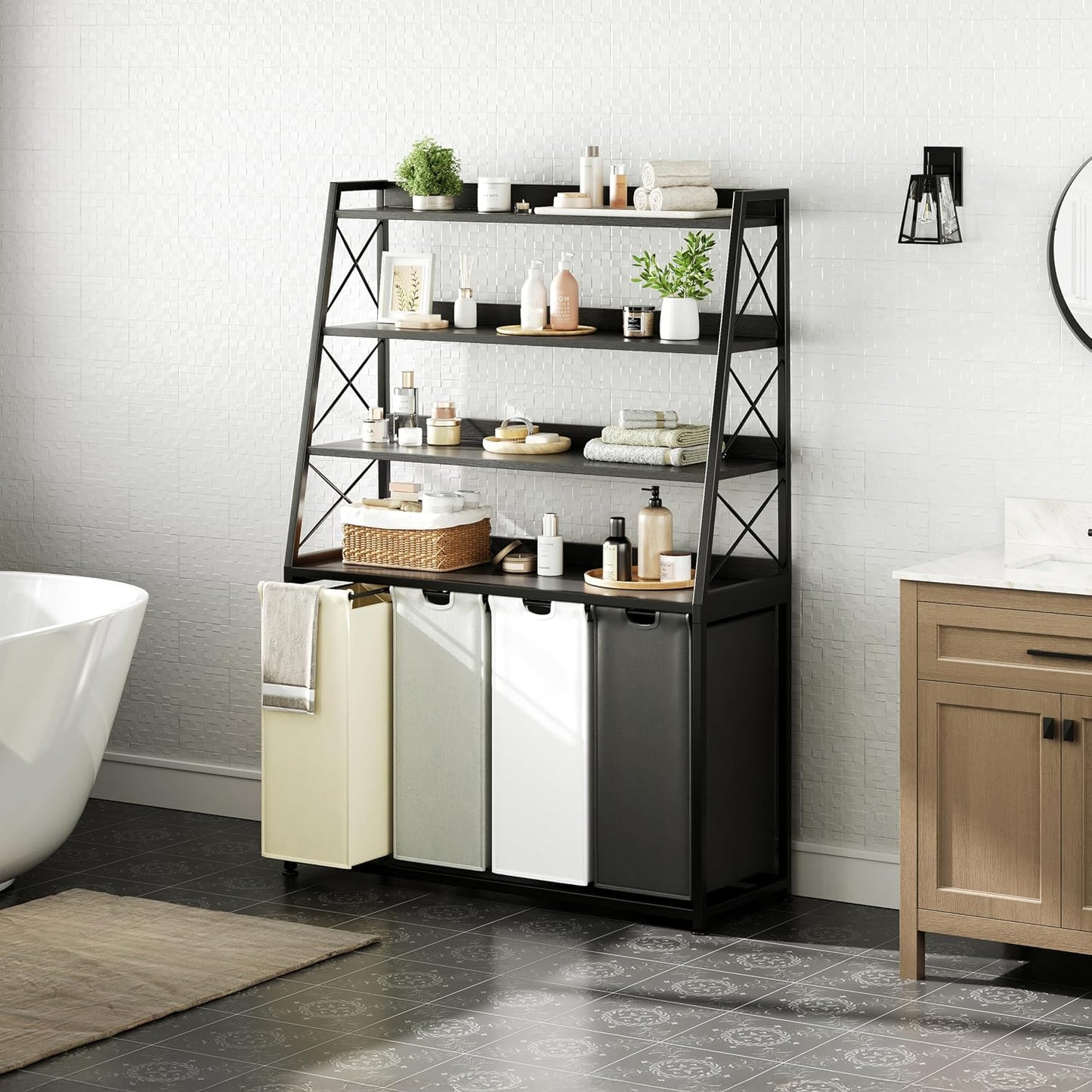 Herture Laundry Basket, 3 Section Laundry Hamper with 4 Tiers Shelf, Pull-Out and Removable Laundry Bags, Large 3 x 15.87 Gallons, for Laundry Room Bathroom Rustic Brown PF05XLN