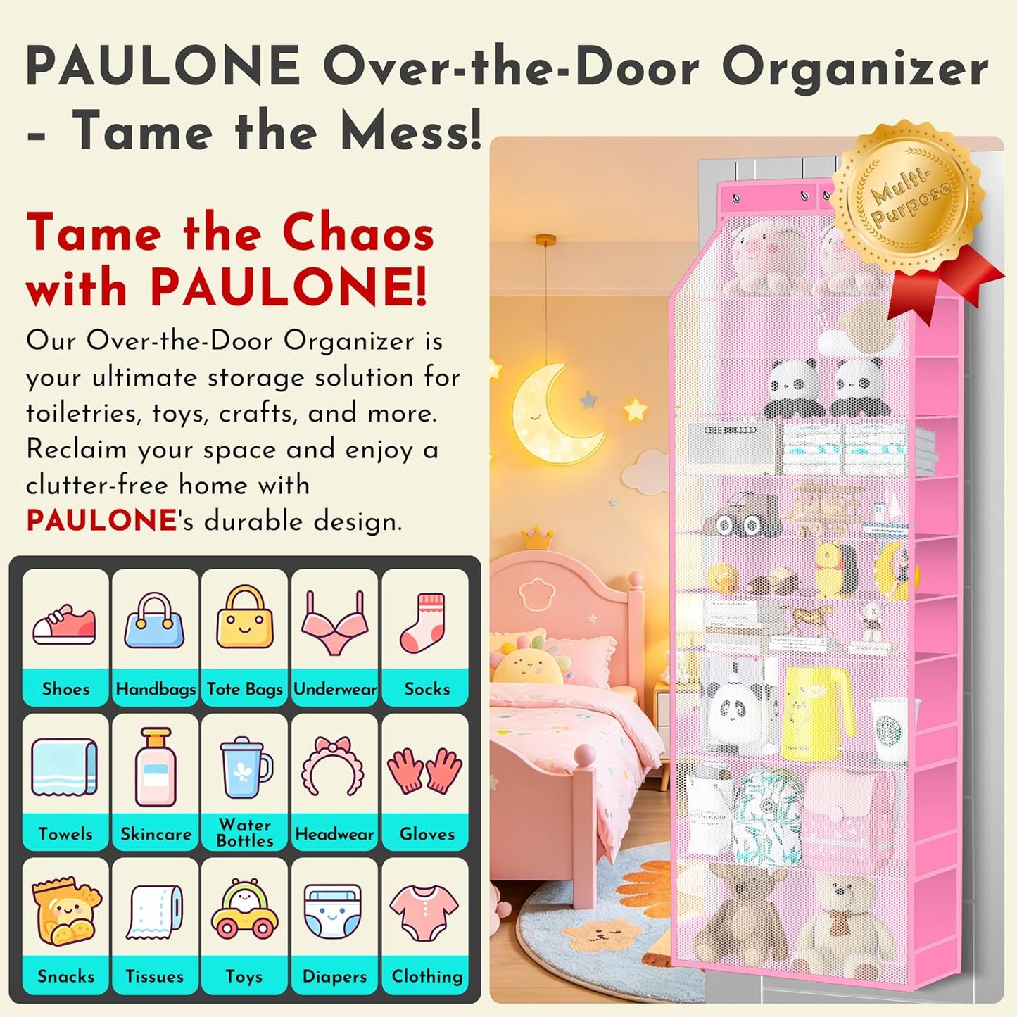 PAULONE 10-Pocket Multi-Use Over the Door Organizer, Heavy Duty 95lbs Capacity with Breathable Mesh, Versatile Hanging Storage for Shoes, Toys, Office Supplies-Classic (Black, 10-Shelf,)