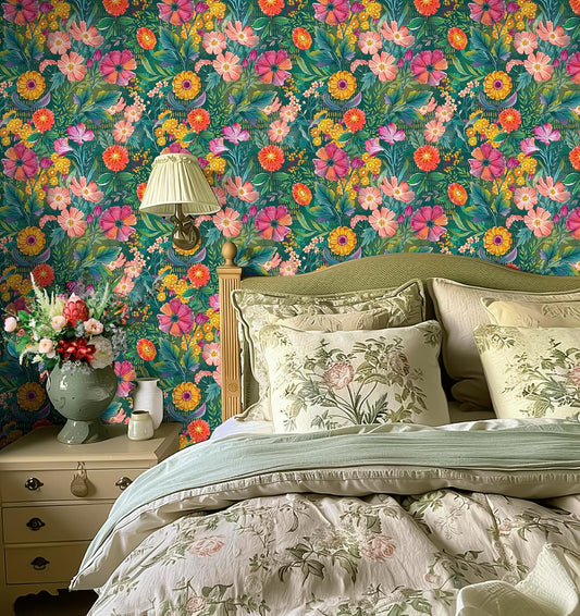 HAOKHOME Peel and Stick Wallpaper Floral Renter Friendly Wall Paper Green/Purple/Pink for Bathroom Kitchen Contact Paper 17.3in x 9.8ft