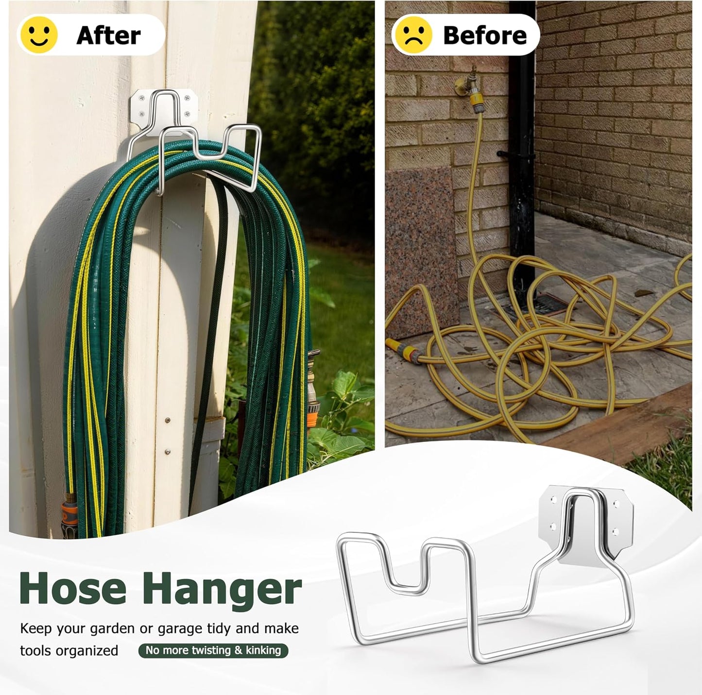 18/0 Stainless Steel Garden Hose Holder Hook, HaSteeL Metal Wall Mount Hanger For Outside Yard Water Vacuum Expandable Hose Extension Cords Storage, Rust Resistant, Hose Nozzle Groove (1 Pack)