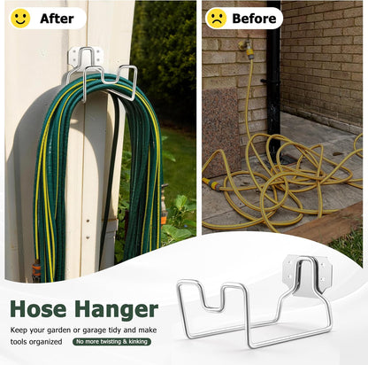 18/0 Stainless Steel Garden Hose Holder Hook, HaSteeL Metal Wall Mount Hanger For Outside Yard Water Vacuum Expandable Hose Extension Cords Storage, Rust Resistant, Hose Nozzle Groove (1 Pack)