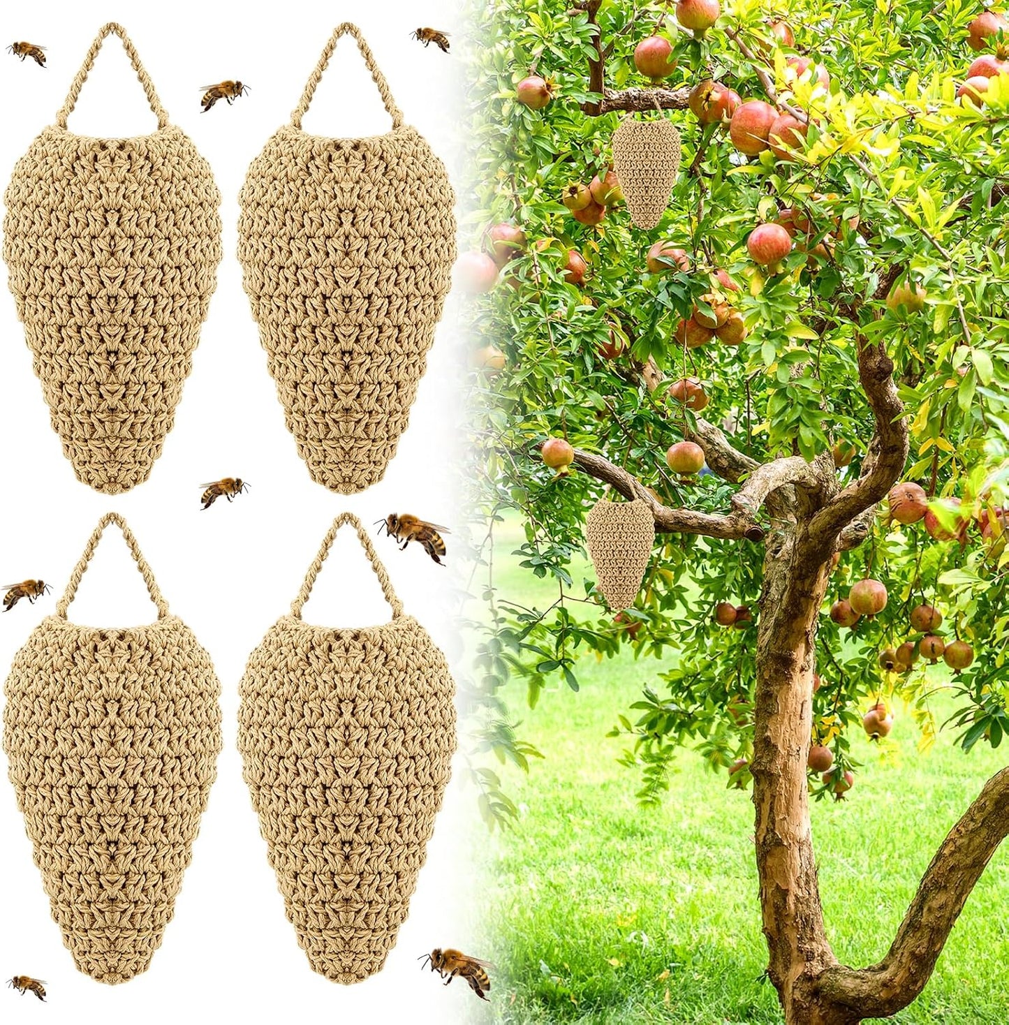 Qualirey 4 Pcs Large Crochet Fake Wasp Nest 7.9×12.6" Hanging Fake Wasp Nest Deterrent Outdoor Crochet Hornet Decoys for Patio Garden Yard Eaves Uses