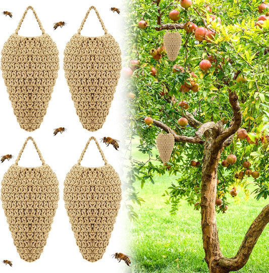 Qualirey 4 Pcs Large Crochet Fake Wasp Nest 7.9×12.6" Hanging Fake Wasp Nest Deterrent Outdoor Crochet Hornet Decoys for Patio Garden Yard Eaves Uses