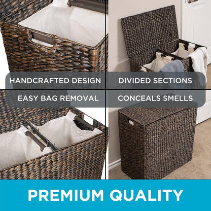BirdRock Home Water Hyacinth Laundry Hamper Divided Interior (Espresso) | Eco-Friendly | Made of Hand Woven Hyacinth Fibers | Includes Two Removable Cotton Liners Bag | Wicker Laundry Basket with Lid