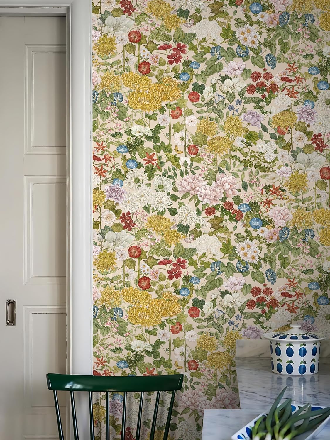 Wallpaper Peel and Stick Floral Wall Paper Removable Waterproof Navy/Pink/Orange Contact Paper for Bedroom, Bathroom,Bathroom, Home Wall 17.3" x 118"