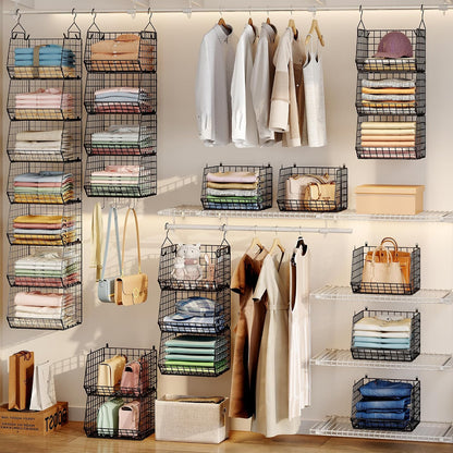 X-cosrack 3-Tier Hanging Closet Organizer, Laundry Room Organization | Space Saving Shelves with 1.65" Hook & 5 S-Hooks | Hanging Wire Baskets (12.4" W x 8.8" H x 10.24-11.8" D)