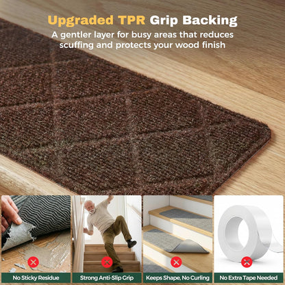 MBIGM 8" X 30" (15 in Pack) Non-Slip Carpet Stair Treads Non-Skid Safety Rug Slip Resistant Indoor Runner for Kids Elders & Pets with Reusable Adhesive - Dark Gray Diamond Weave