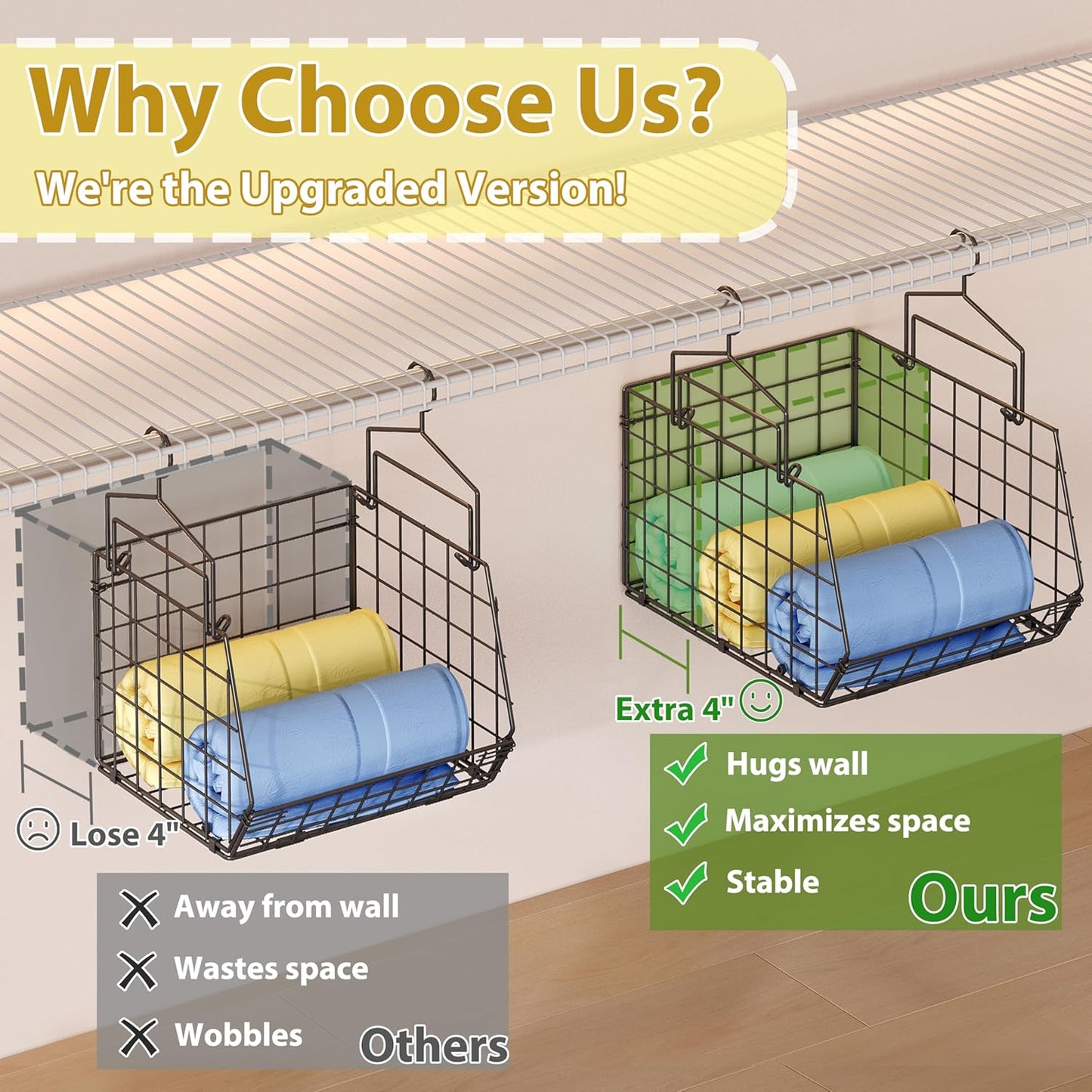 8-Tier Extended Depth Hanging Closet Organizers and Storage for Closet System, Stackable Closet Shelves with 4 Adjustable Dividers for Clothes Sweaters Purses, Wire Hanging Basket Fits Closet Laundry