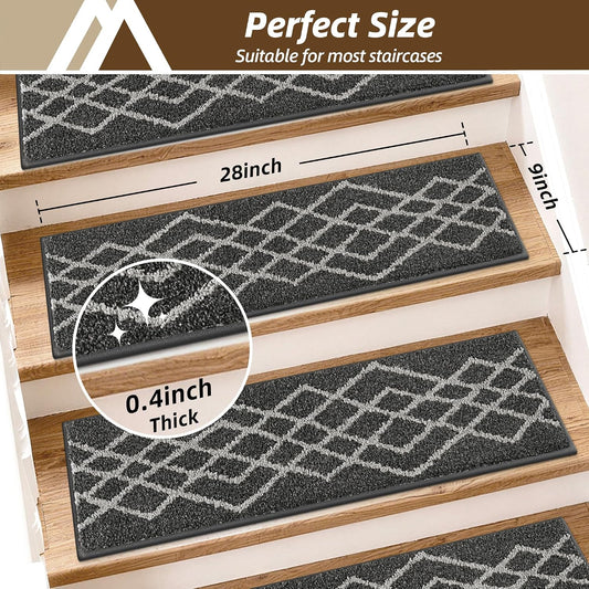 COSY HOMEER Soft Stair Treads Non-Slip Carpet Mat 28inX9in Indoor Stair Runners for Wooden Steps,Stair Rugs for Kids and Dogs, 100% Polyester TPE Backing 7pcs,Black,Rhombus