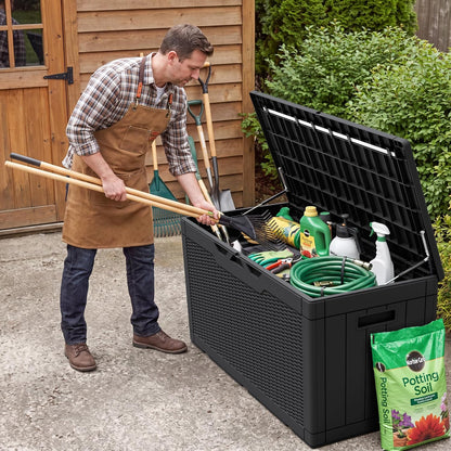 Flamaker Outdoor Storage Box 80 Gallon Resin Waterproof Deck Box Delivery Box with Wood Texture Large Storage Bin for Patio Cushions, (Grey)