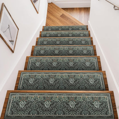 OJIA Floral Stair Treads Non-Slip Stair Runner for Wooden Steps Indoor 15PCS 30"x8" Carpet Stair Treads Stair Mats Staircase Step Treads for Kids, Elders and Dogs, Stair Covers, Black