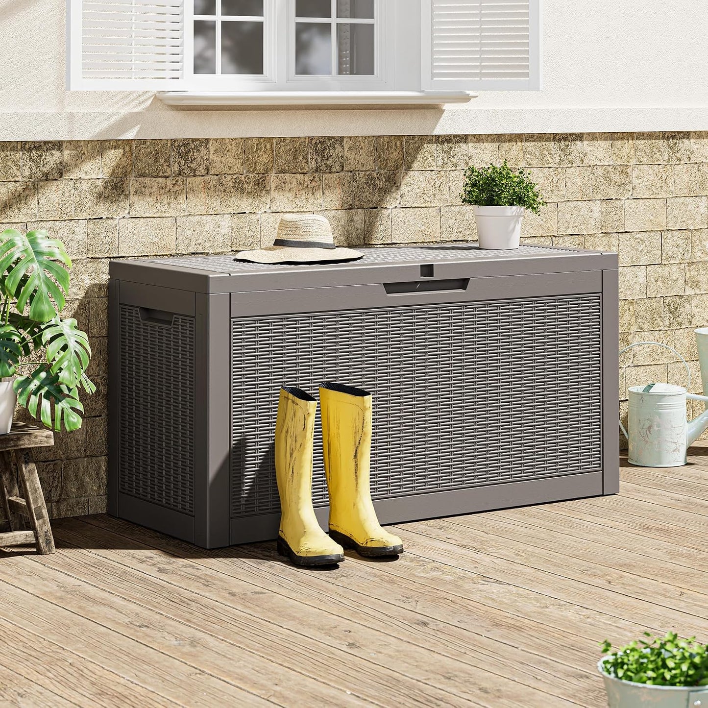 Outdoor Storage Box, 31 Gallon Resin Deck Boxes Outdoor Waterproof For Patio Furniture, Garden Tools, Pool Supplies, Lockable And UV Resistant (Rattan Gray)