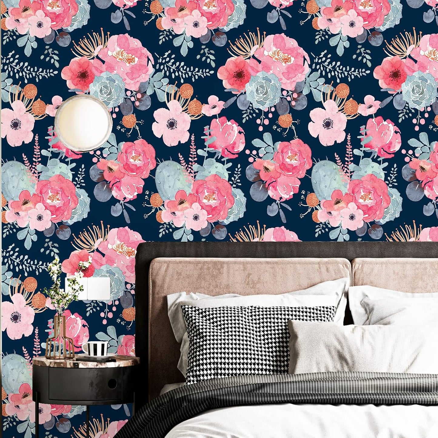 Floralplus Floral Wallpaper Peel and Stick Removable Wallpaper Boho Renter Friendly Dark Flower Wallpapers Contact Paper for Walls Cabinet Bedroom Bathroom Decor 17.5 in x 118 in
