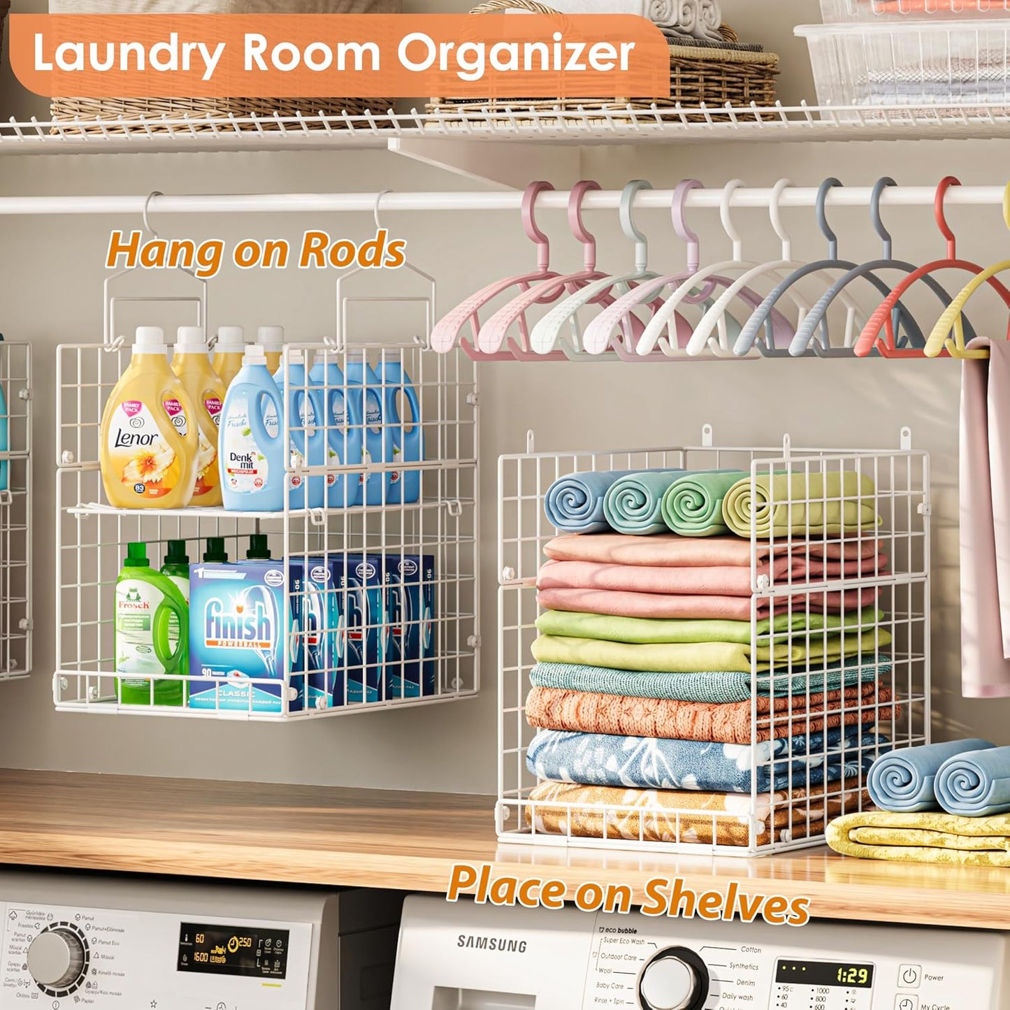 8-Tier Extended Depth Hanging Closet Organizers and Storage for Closet System, Stackable Closet Shelves with 4 Adjustable Dividers for Clothes Sweaters Purses, Wire Hanging Basket Fits Closet Laundry