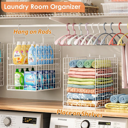 8-Tier Extended Depth Hanging Closet Organizers and Storage for Closet System, Stackable Closet Shelves with 4 Adjustable Dividers for Clothes Sweaters Purses, Wire Hanging Basket Fits Closet Laundry
