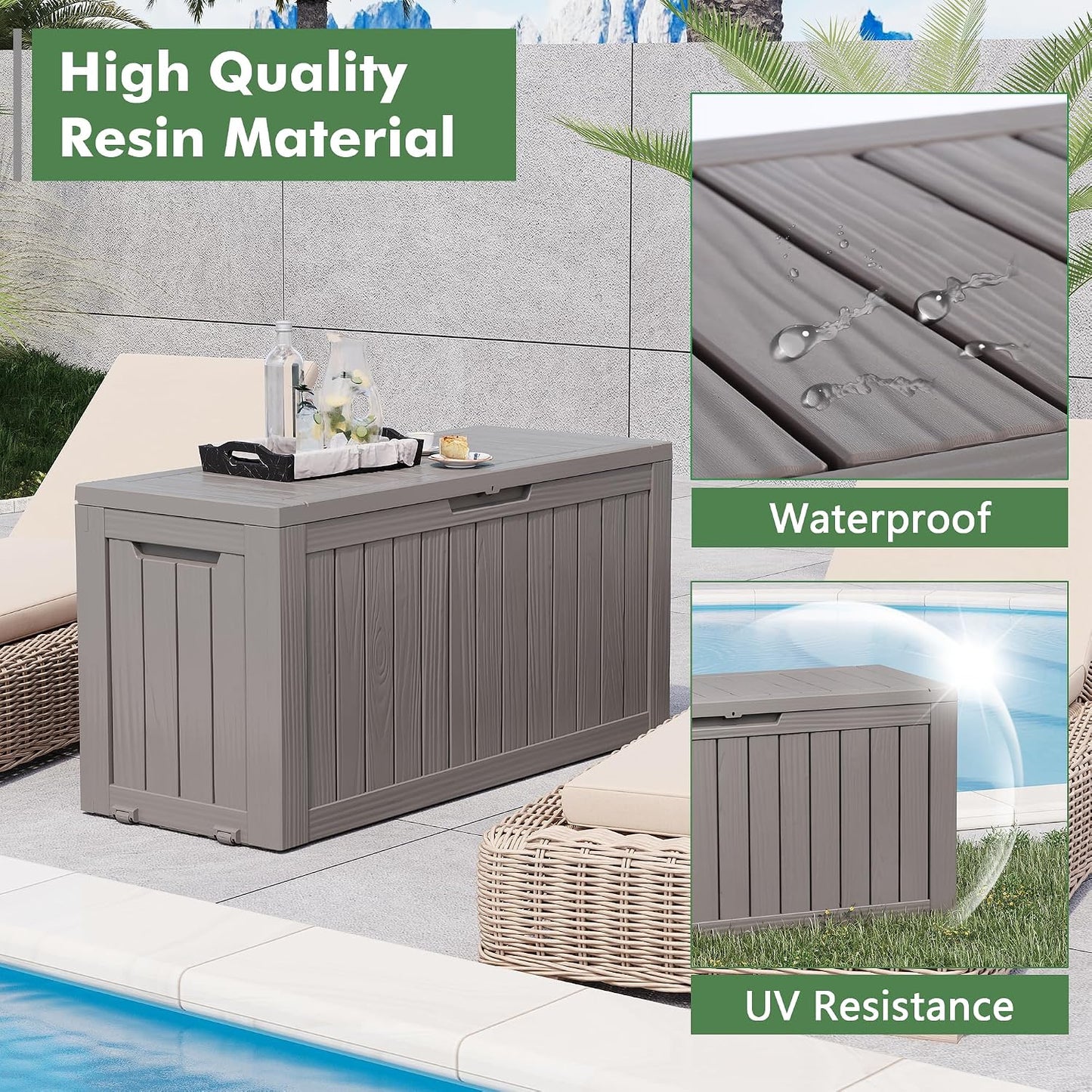 Outdoor Storage Box, 45 Gallon Deck Box with Lockable Lid, Waterproof Resin Storage Bin for Cushions, Garden Tools, Patio Furniture, Grey