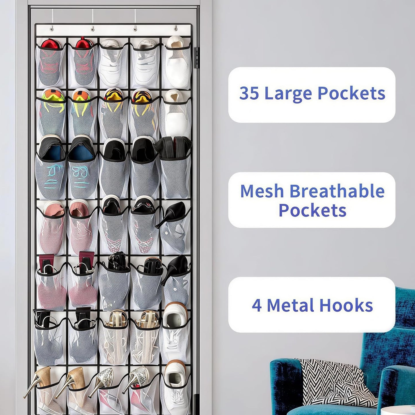 SAVERHO 35 Pockets Over the Door Shoe Organizer, Hanging Shoe Organizer for Door with 35 Mesh Pockets Large Capacity Shoe Hanging Storage Bag with 4 Metal Hooks (White-1Pack)