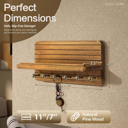 Rebee Vision Farmhouse Key Holder Wall Mount for Home Decor – Decorative Pine Wooden Key Holder for Wall with 6 Hooks & Floating Shelf - Rustic Charm for Room Decor Aesthetic (Brown)