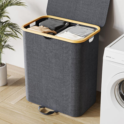 XLHOMO Double Laundry Hamper with Lid and Removable Bags, 150L Large Collapsible 2 Dividers Dirty Clothes Basket with Handles, Beige Double Laundry Basket Organizer for Bedroom,Laundry Room,College