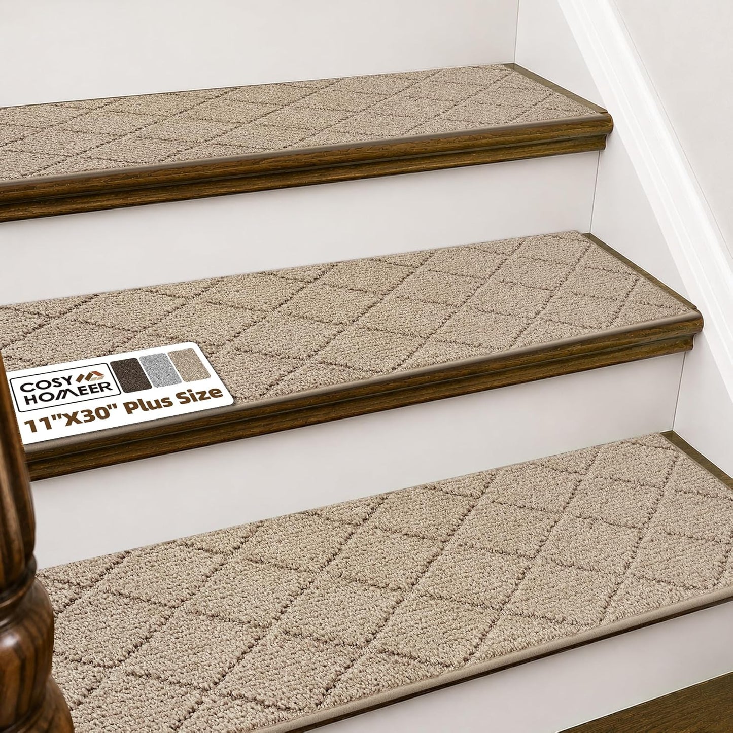 COSY HOMEER Edging Stair Treads Non-Slip Carpet Mat 28inX9in Indoor Stair Runners for Wooden Steps, Edging Stair Rugs for Kids and Dogs, 100% Polyester TPE Backing(4pc, Beige)