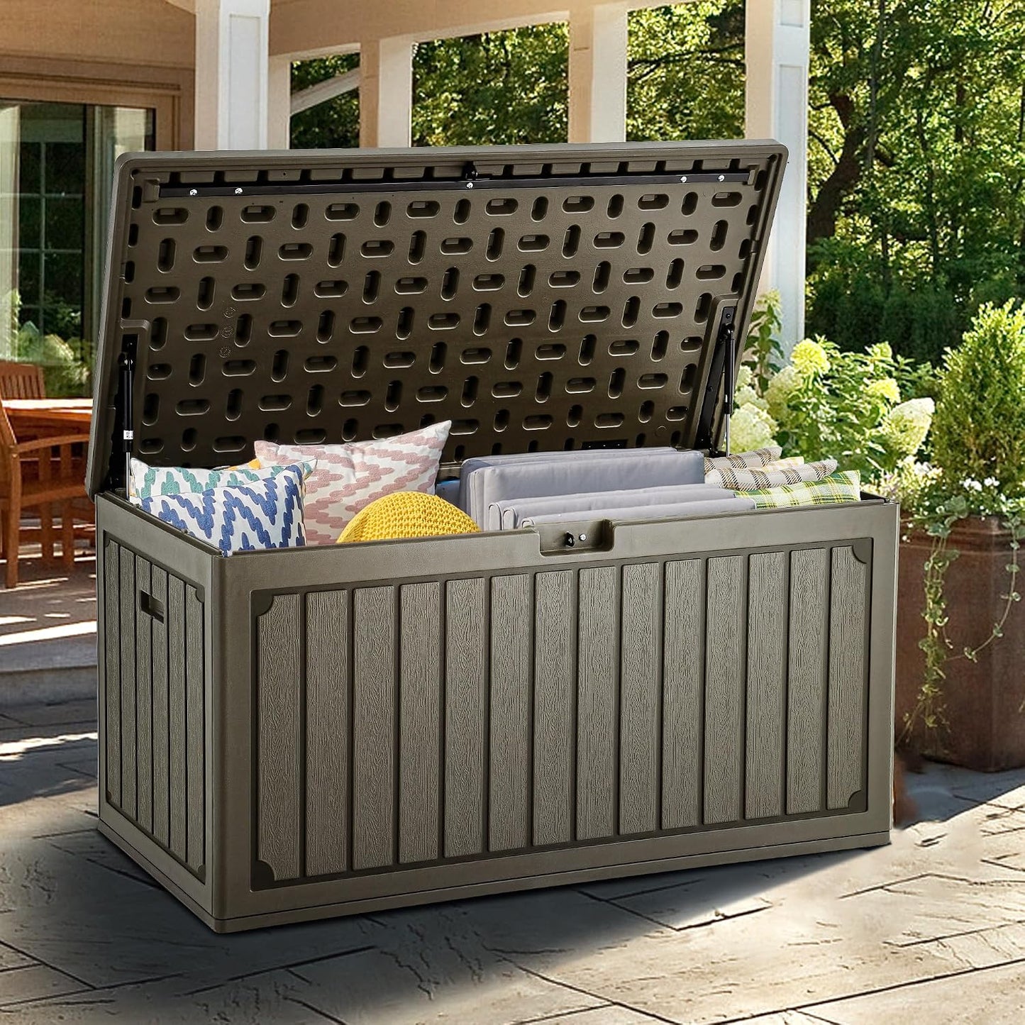 YITAHOME 100 Gallon Large Outdoor Deck Box | Waterproof Resin Storage Box, Lockable Indoor Outdoor Storage Container for Patio Furniture Cushions, Pool Accessories
