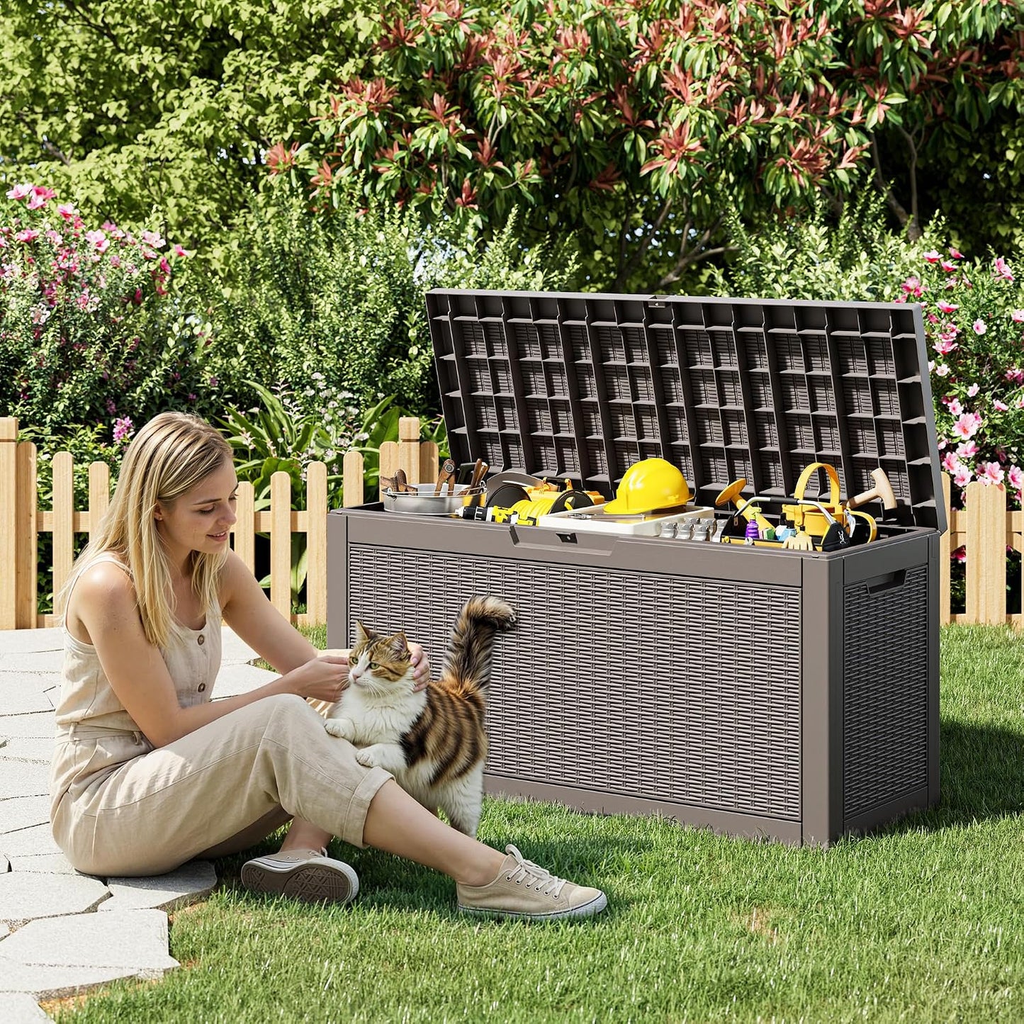 35 Gallon Outdoor Storage Box, Waterproof Resin Deck Box with Lockable Lid – Storage Cabinet for Patio Furniture, Pool Supplies, Garden Tools – Indoor & Outdoor Use