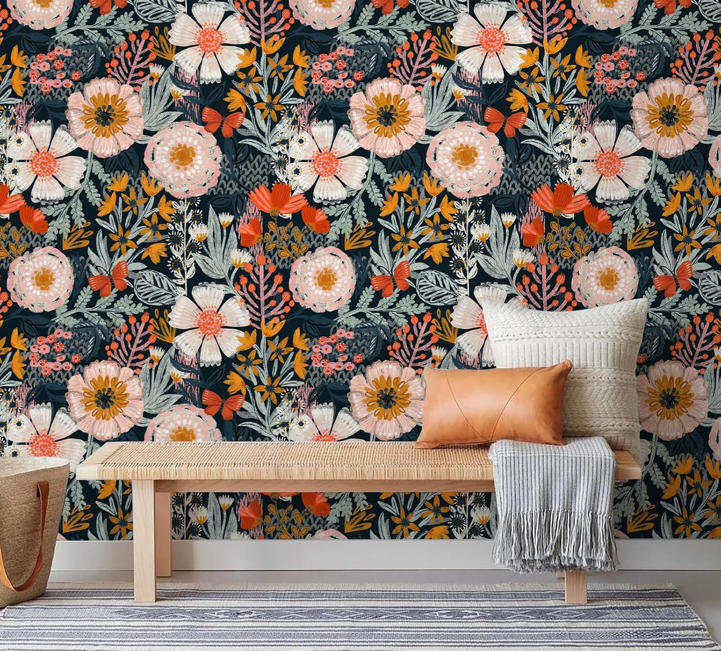 HAOKHOME Boho Peel and Stick Wallpaper Floral Wall Paper Removable for Bedroom Navy/Pink/Orange Contact Paper 17.7in x 9.8ft