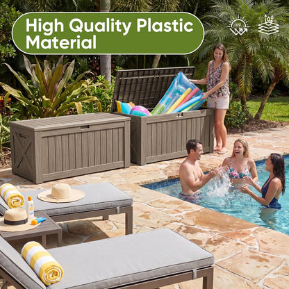 Flamaker Resin Deck Box 120 Gallon Waterproof Large Outdoor Indoor Storage Box Imitation Wood Resin for Patio Furniture Garden Tools and Pool (Black)