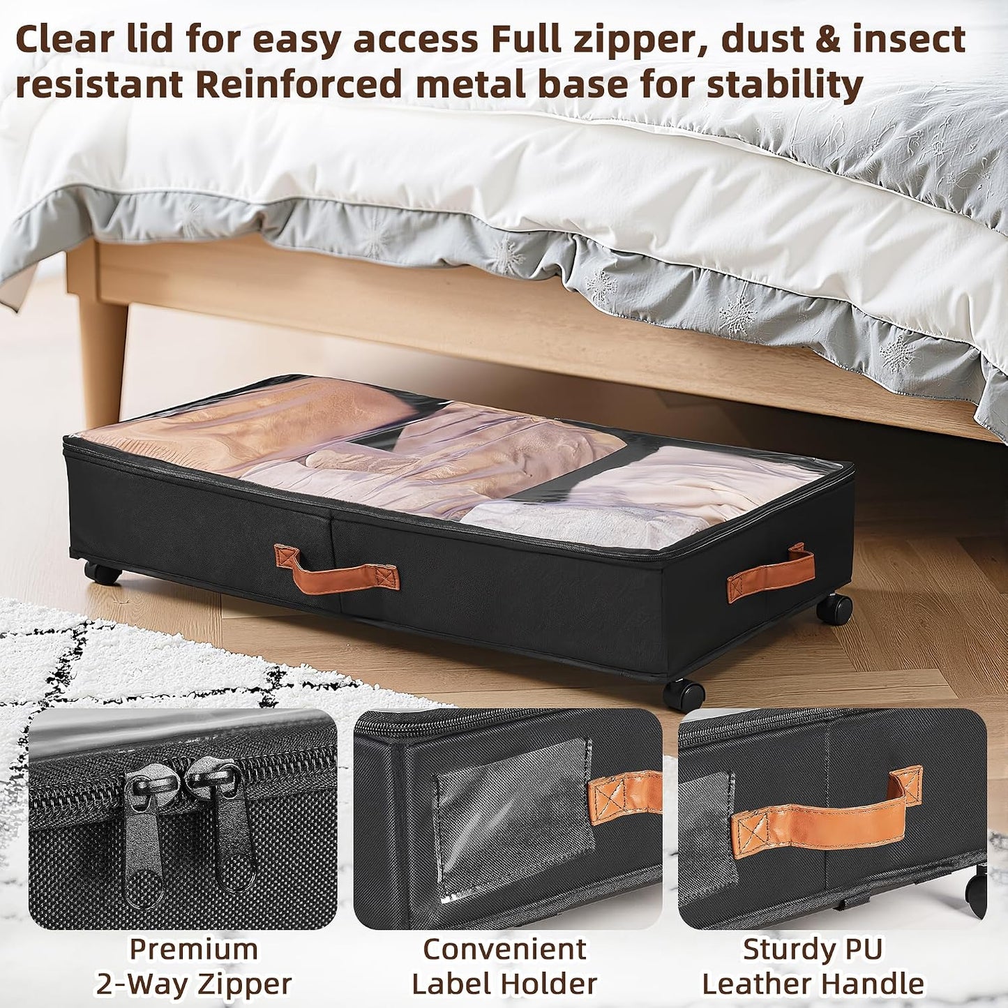VECELO Under Bed Storage with Wheels, 2 Pack Fully Enclosed Zippered Dust Cover Bins with Clear Lids, Metal Frame and Ultra Thick Fabric Underbed Storage Organizer, Shoe Storage Box, Black