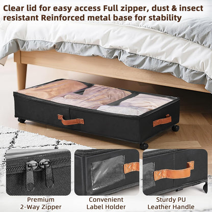 VECELO Under Bed Storage with Wheels, 2 Pack Fully Enclosed Zippered Dust Cover Bins with Clear Lids, Metal Frame and Ultra Thick Fabric Underbed Storage Organizer, Shoe Storage Box, Black