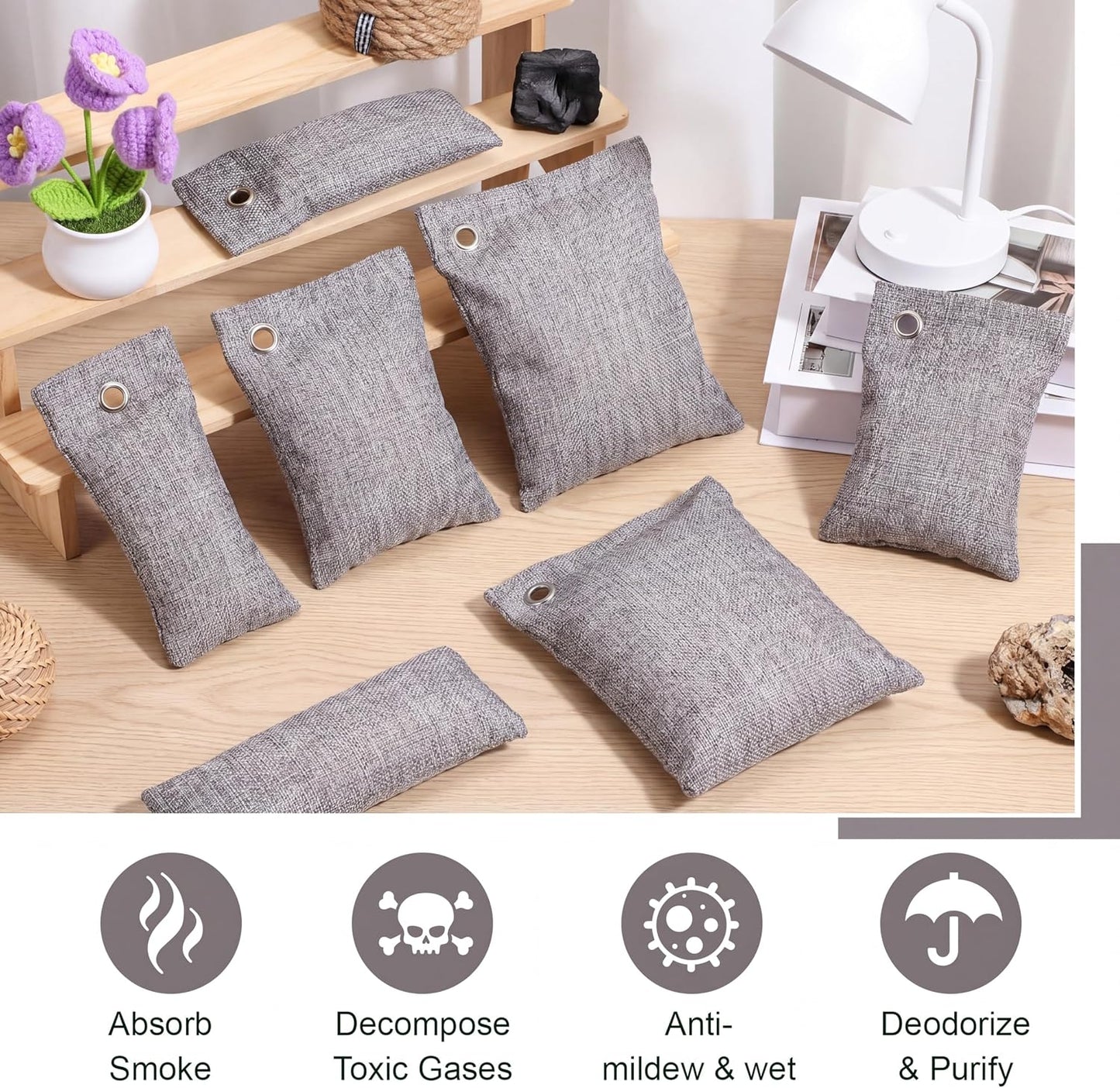 Nuanchu 24 Pcs Activated Charcoal Odor Absorber 50g/100g/200g, Air Purifying Bamboo Charcoal Bags, Natural Shoe Odor Absorber, Deodorizer Absorbers for Fresh Car Home Closet Pet Basement Smell(Grey)