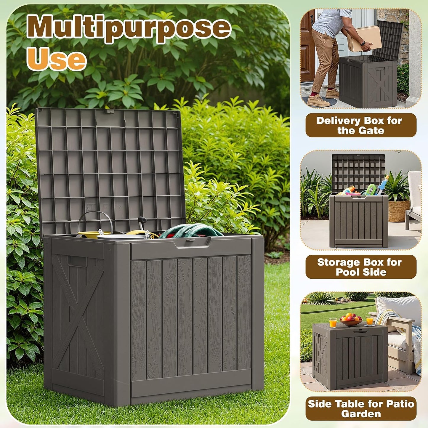 Flamaker Resin Deck Box 120 Gallon Waterproof Large Outdoor Indoor Storage Box Imitation Wood Resin for Patio Furniture Garden Tools and Pool (Black)