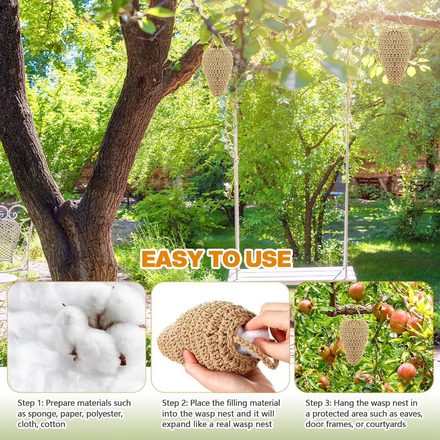 Qualirey 4 Pcs Large Crochet Fake Wasp Nest 7.9×12.6" Hanging Fake Wasp Nest Deterrent Outdoor Crochet Hornet Decoys for Patio Garden Yard Eaves Uses