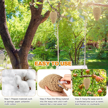 Qualirey 4 Pcs Large Crochet Fake Wasp Nest 7.9×12.6" Hanging Fake Wasp Nest Deterrent Outdoor Crochet Hornet Decoys for Patio Garden Yard Eaves Uses