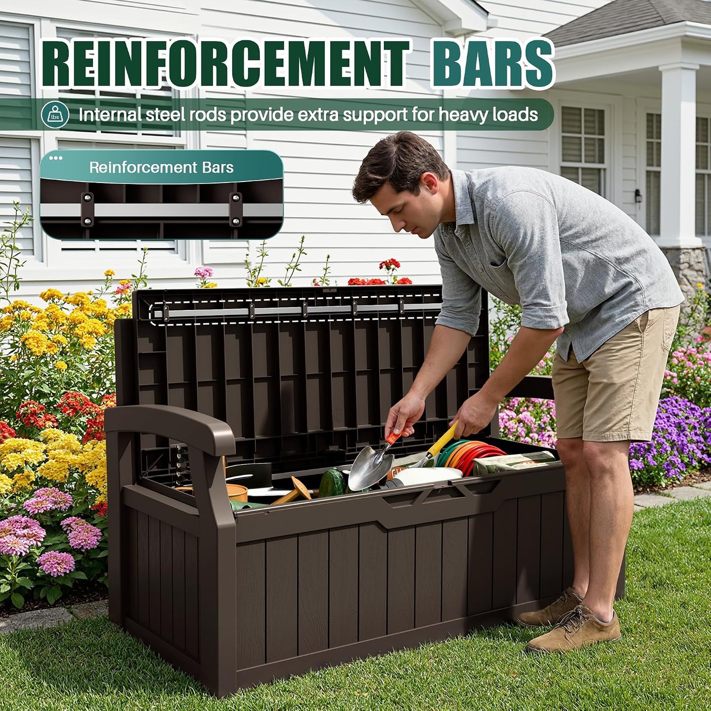 Devoko 80 Gallon Storage Bench Deck Box Lockable for Patio Furniture, Garden Decor and Outdoor Seating for Cushions, Garden Tools and Pool Supplies (Black)