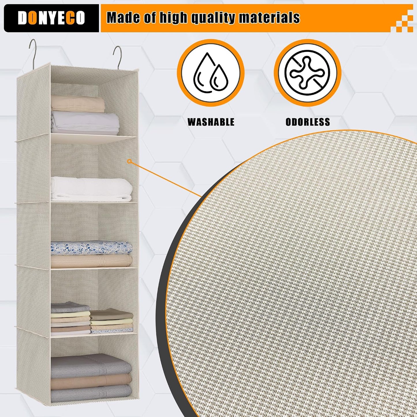 Hanging Closet Organizer 3-Shelf, Oxford Fabric Wardrobe Storage, Gray | Easy-mount foldable design holds clothes, handbags, shoes & accessories; washable Oxford fabric, sturdy and space-saving.