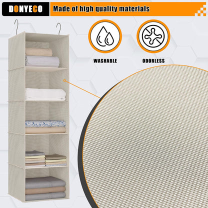 Hanging Closet Organizer 3-Shelf, Oxford Fabric Wardrobe Storage, Gray | Easy-mount foldable design holds clothes, handbags, shoes & accessories; washable Oxford fabric, sturdy and space-saving.