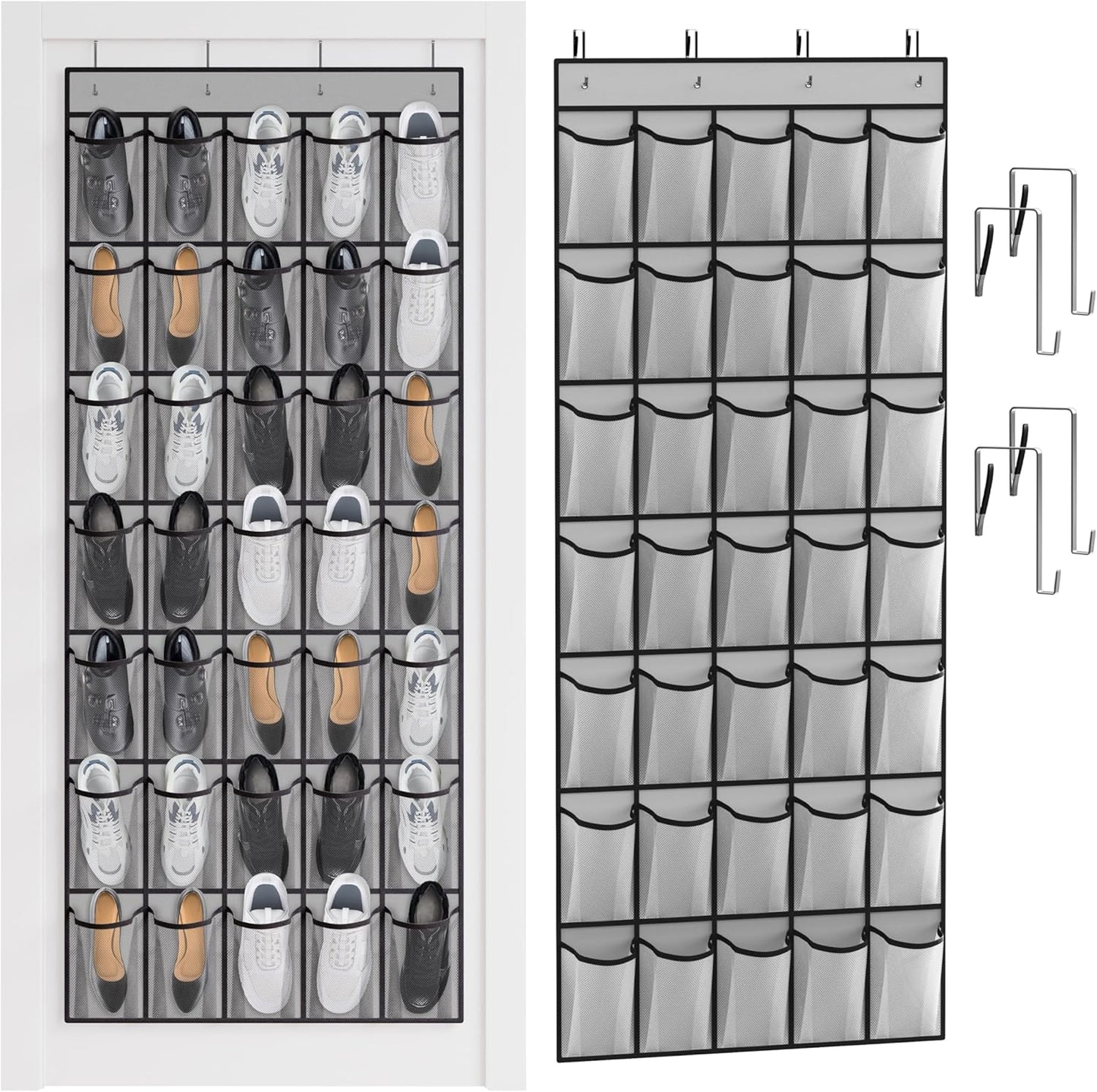 WVM Over the Door Shoe Organizer with 35 Breathable Mesh Pockets, Hanging Shoe Organizer for Door with 4 Metal Hooks, Large Capacity Closet Storage for Shoes, Accessories, Grey