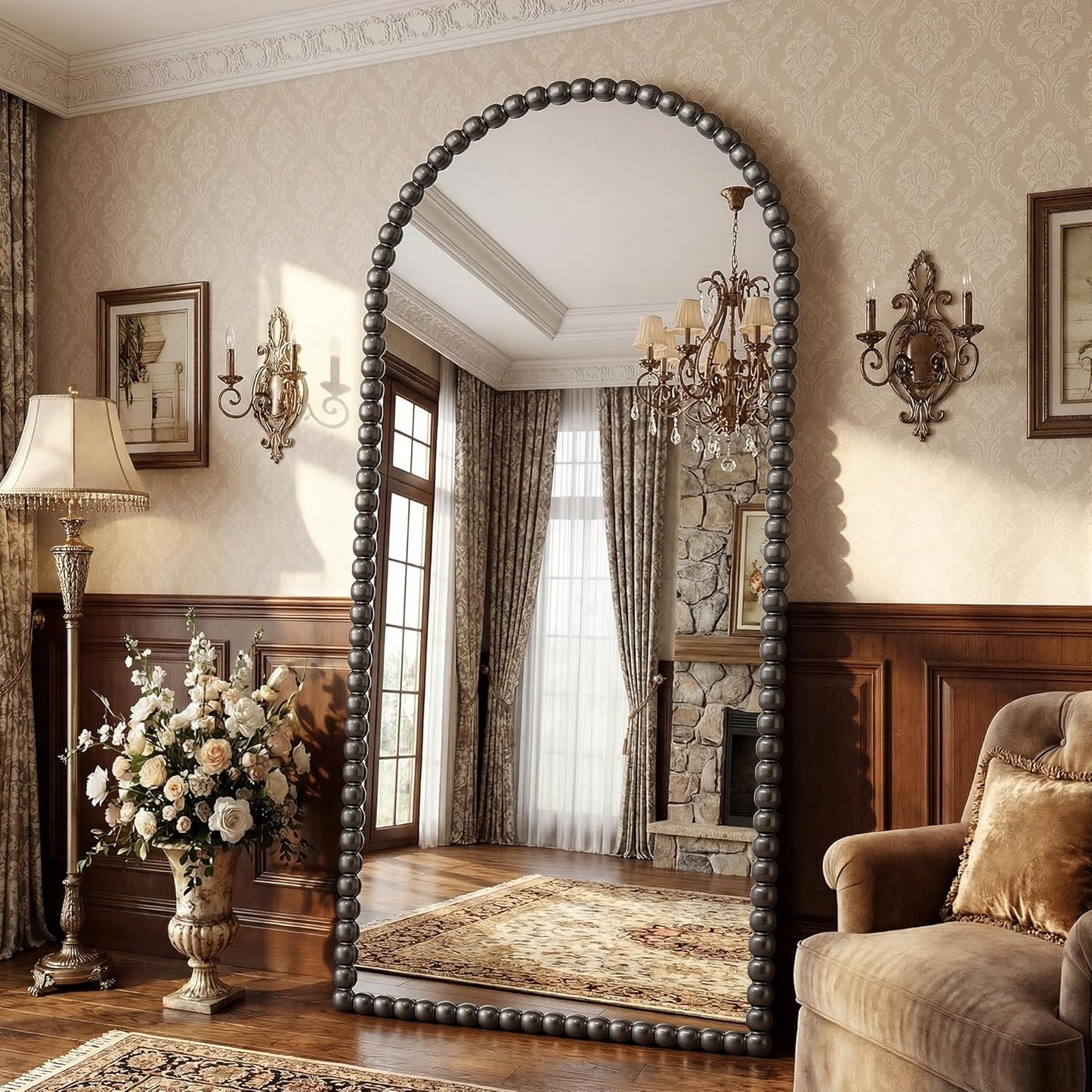 Antok 58" x 21" Arched Full Length Mirror, Antique Beaded Frame Floor Standing or Wall Mounted Mirror with Stand for Bedroom, Entryway, Brown, Luxury Style