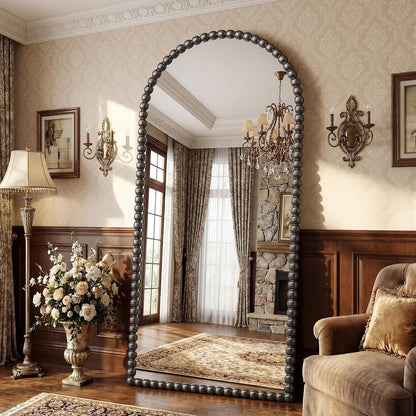 Antok 58" x 21" Arched Full Length Mirror, Antique Beaded Frame Floor Standing or Wall Mounted Mirror with Stand for Bedroom, Entryway, Brown, Luxury Style