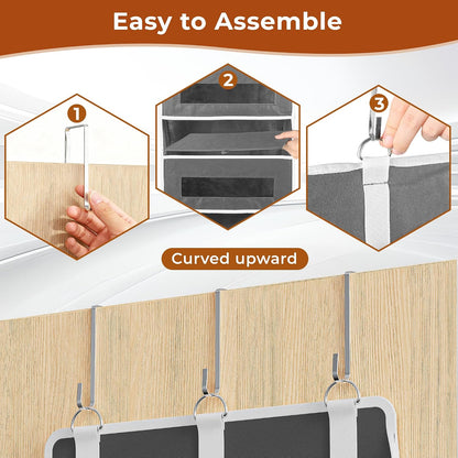 2 Pack 5 Tier Over The Door Organizer - Large Capacity Behind Door Hanging Shelves with 10 Mesh Pockets and Clear Windows, Closet Organizers and Storage for Bathroom, Bedroom, Nursery, Grey
