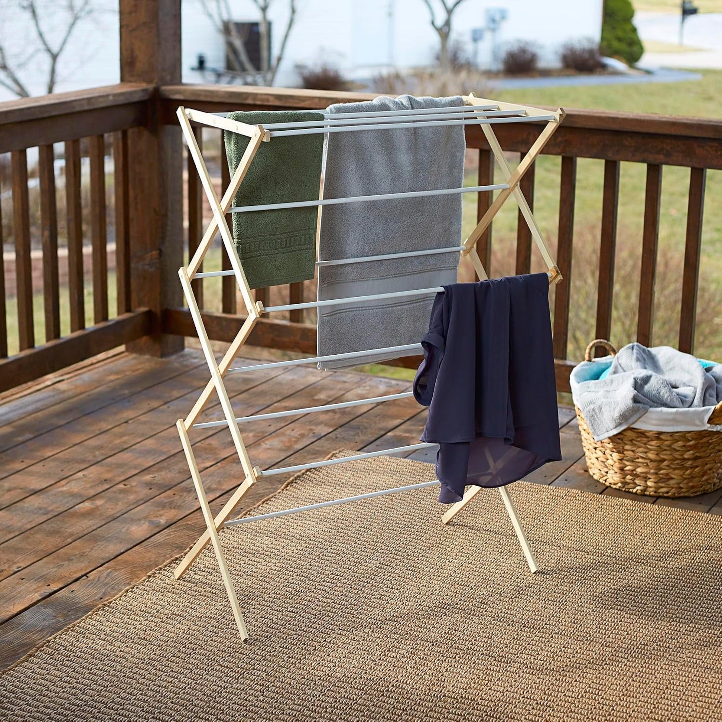 Household Essentials X-Frame Clothes Drying Rack, Stabile Wood Frame with Slanted Feet, Smooth Vinyl Wrapped Rods, 23.8 Feet of Hanging Space, Ready to Assemble, Flat Top, Natural