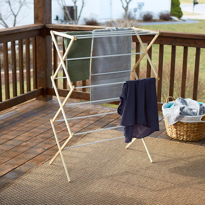 Household Essentials X-Frame Clothes Drying Rack, Stabile Wood Frame with Slanted Feet, Smooth Vinyl Wrapped Rods, 23.8 Feet of Hanging Space, Ready to Assemble, Flat Top, Natural