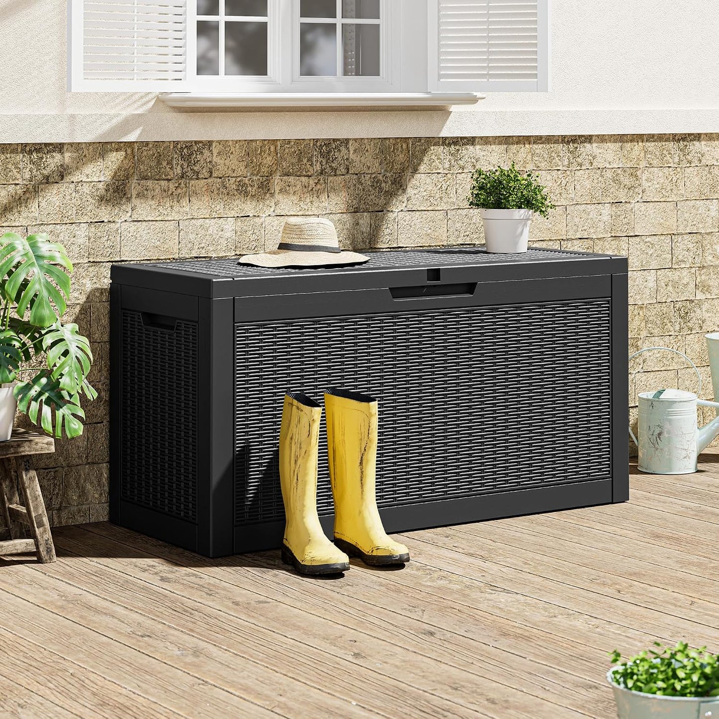 Outdoor Storage Box, 31 Gallon Resin Deck Boxes Outdoor Waterproof For Patio Furniture, Garden Tools, Pool Supplies, Lockable And UV Resistant (Rattan Gray)