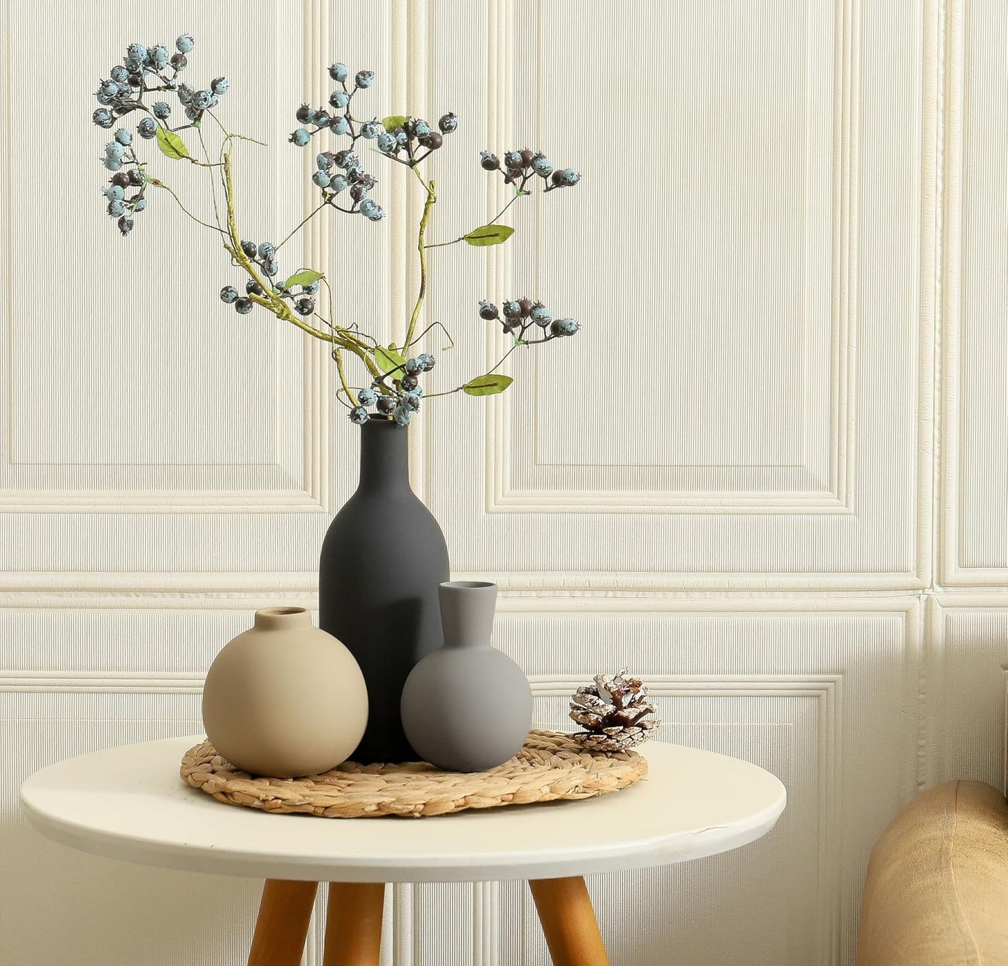 Ceramic Vase Set of 3, Decorative Vases Home Decor Modern Neutral Flower Pampass Boho Vase for Living Room, Table, Mantel, Entryway, Bookshelf, Kitchen, Bedroom, Bathroom - White