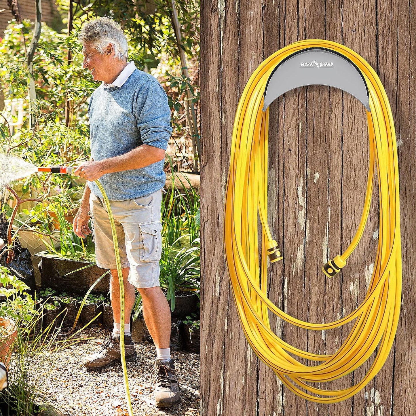 FLORA GUARD Garden Hose Holder, Heavy-Duty Hose Hanger, Holds Up to 125 ft, Garden Rack Wall Mount for Outside, Rust and Slip Resistant, Gray