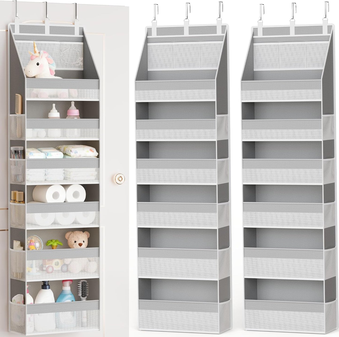 Criusia Over The Door Organizer, Heavy-Duty 6-Shelf Hanging Storage with 13 Mesh Pockets, 55lbs Capacity Behind The Door Storage for Nursery, Bathroom, Bedroom, and Dorm, Grey