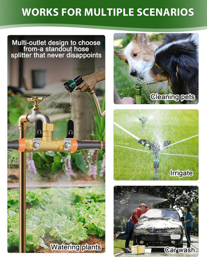 Hose Splitter 2 Way, Heavy Duty Brass Garden Hose Splitter, Water Hose Bib Spigot Splitter with 0.59" Full Flow Ball Valve Outlet & Shut-Off Valve 3/4'' Connector Outdoor Water Faucet Adapter