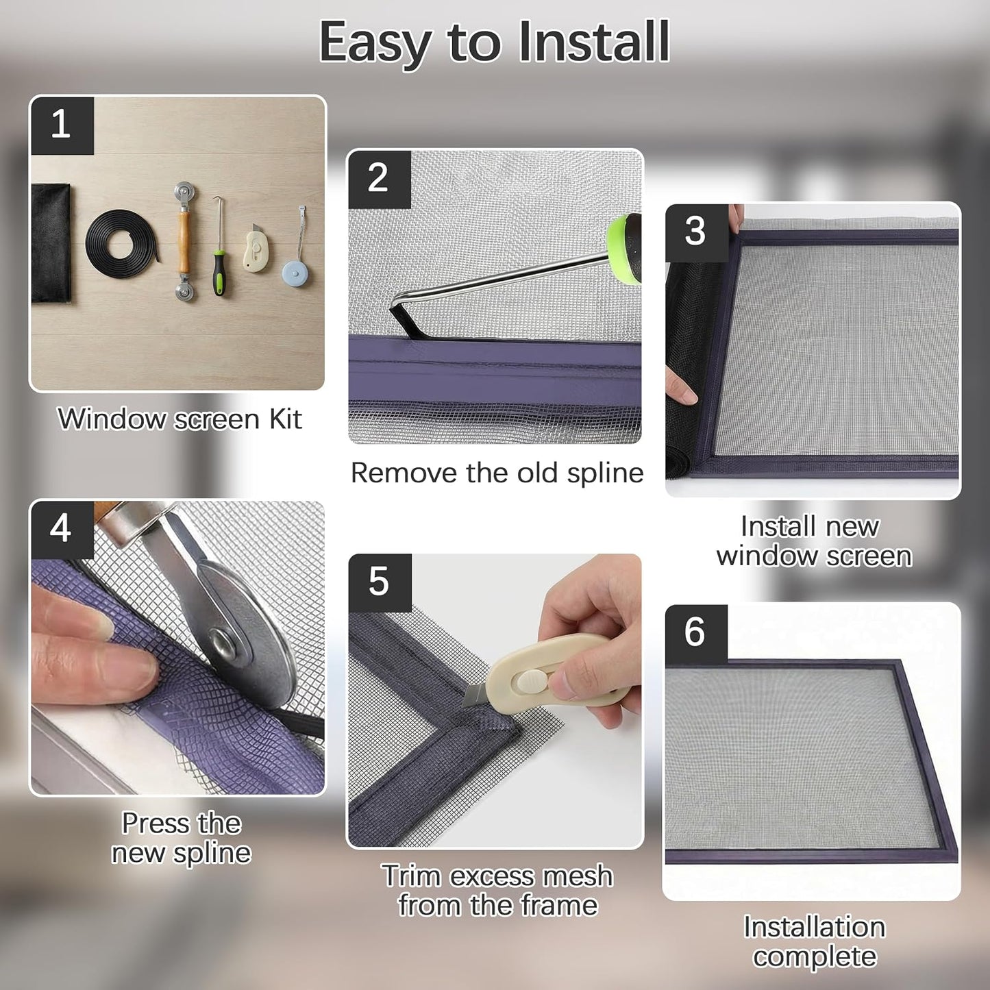 Window Screen Door Repair Kit: 48"x118" Fiberglass Replacement Screen Mesh - 6 in 1 DIY Set of Tools with Rolling Tool/Hook/Ruler/Cutter/Spline, Suitable for Window, Sliding Door, Patio & RV